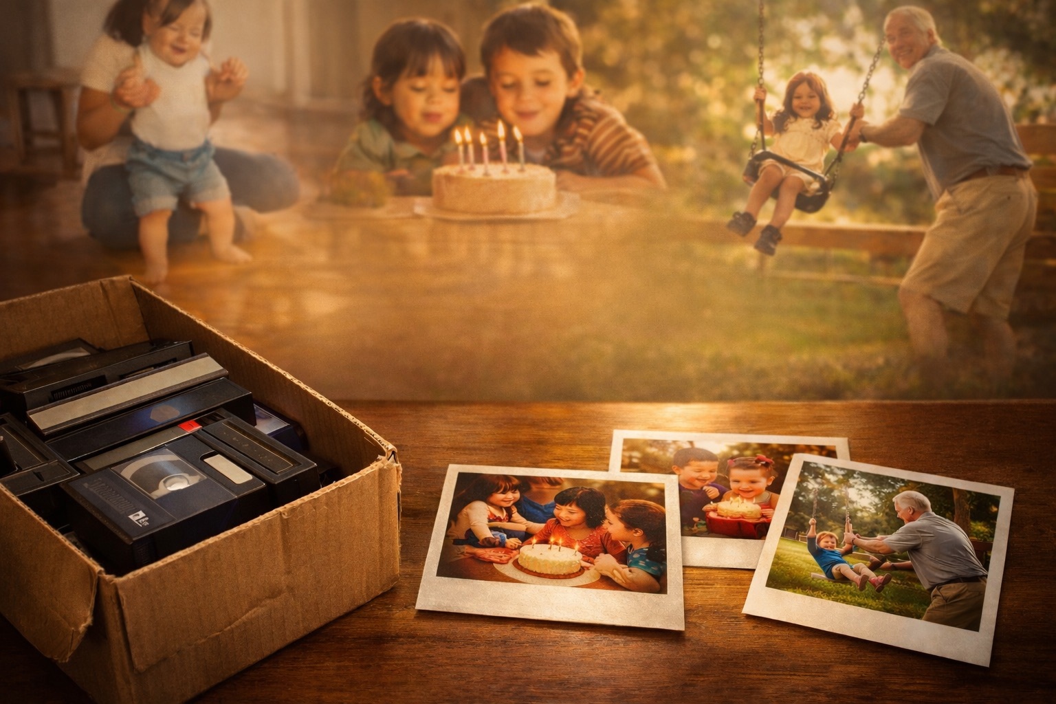 A box of old home-video tapes becoming cherished family memories